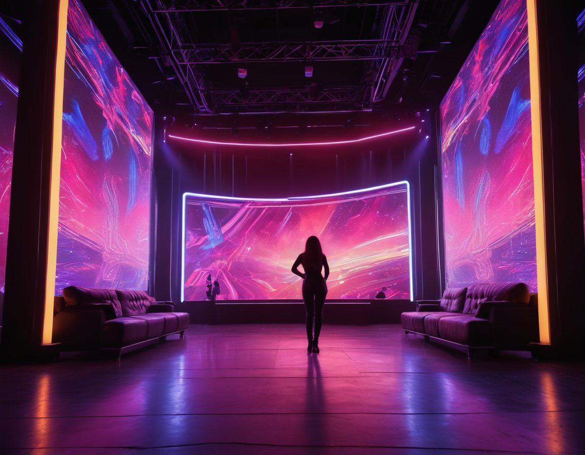 A captivating scene featuring a modern live adult entertainment stage, illuminated with vibrant neon lights, where audience members engage with performers through interactive screens. The performers exude charisma, showcasing a blend of artistry and allure. Surrounding the stage, diverse audience members express excitement, creating an inclusive atmosphere. The overall mood is energetic yet intimate, set against a backdrop of futuristic decor. super-realistic. vibrant colors. 3D.