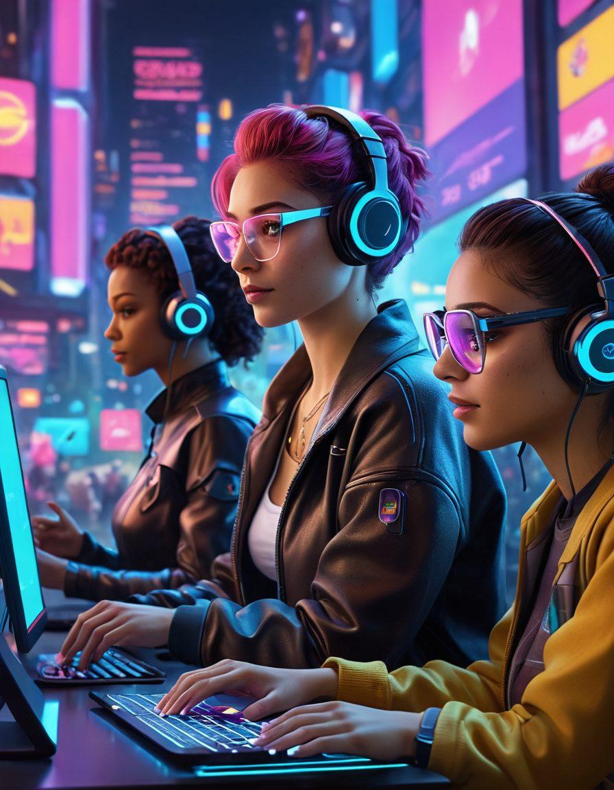 A futuristic digital landscape depicting diverse adult characters engaged in interactive streaming on various devices, showcasing vibrant screens with emojis and live chats. The scene should reflect a blend of technology and intimacy, with colorful lights and an energetic atmosphere. Include elements like VR headsets, holographic displays, and mixed-age groups enjoying content together. super-realistic. vibrant colors. cyberpunk.