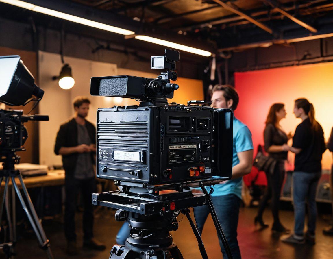 A vibrant backstage scene of an independent film set, featuring a diverse group of actors in candid moments, surrounded by film equipment, clapperboards, and colorful lights. Include a director giving instructions and crew members adjusting cameras, capturing the hustle and bustle behind the scenes. Showcase a warm, creative atmosphere with a touch of edgy artistic flair. super-realistic. vibrant colors. cinematic style.